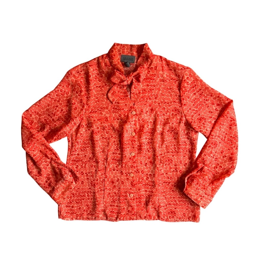 Vintage Neck Bow Button Up Top Medium Orange Animal Print Work Secretary Retro